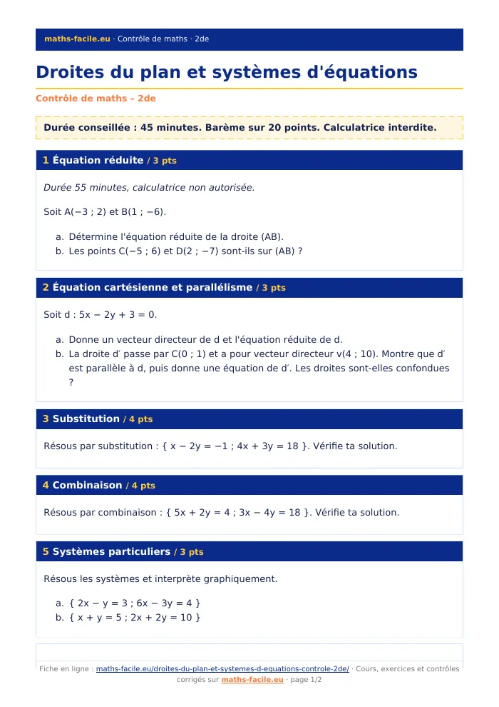 Fiche PDF : Droites du plan et systèmes d&rsquo;équations (2de)