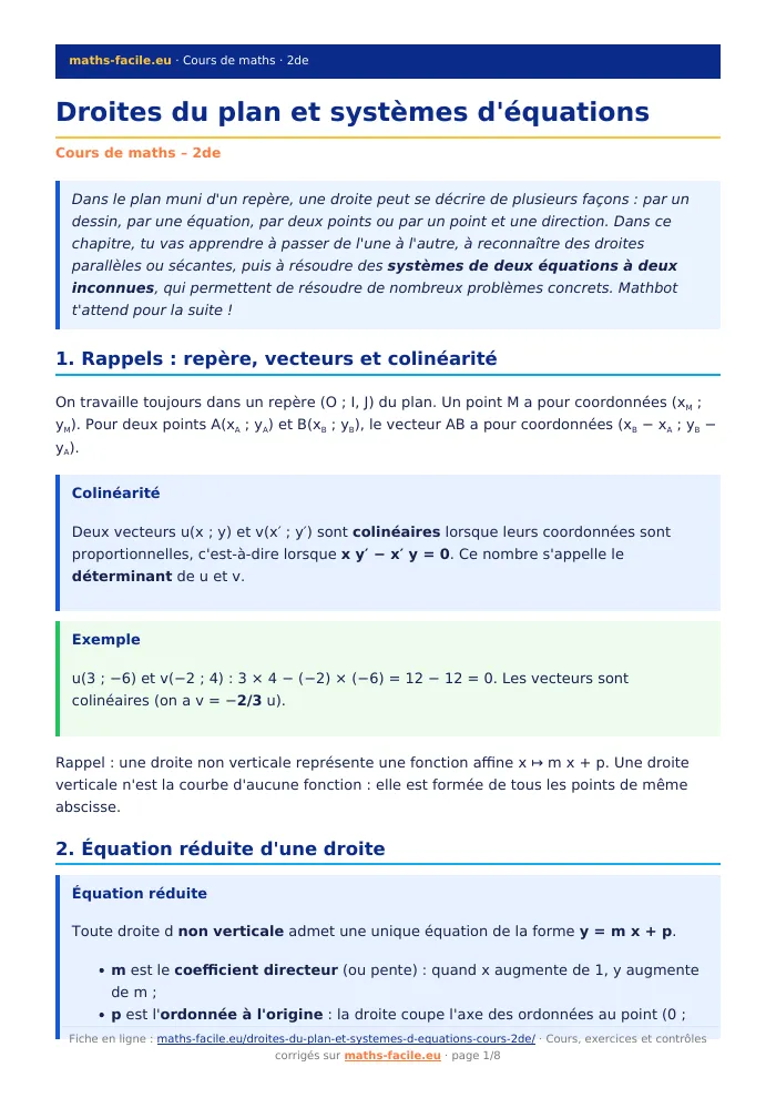 Fiche PDF : Droites du plan et systèmes d&rsquo;équations (2de)