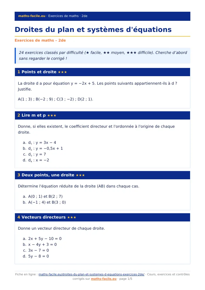 Fiche PDF : Droites du plan et systèmes d&rsquo;équations (2de)