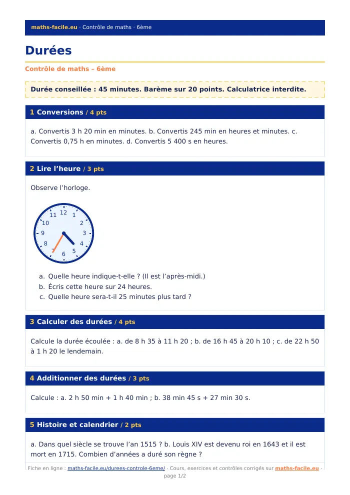 Fiche PDF : Durées (6ème)