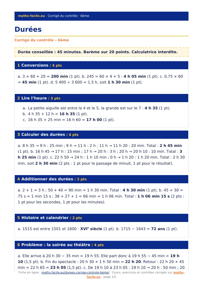 Fiche PDF : Durées (6ème)