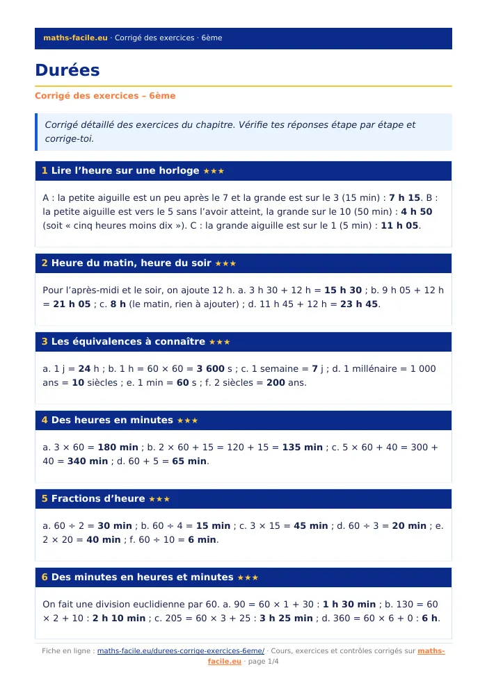 Fiche PDF : Durées (6ème)