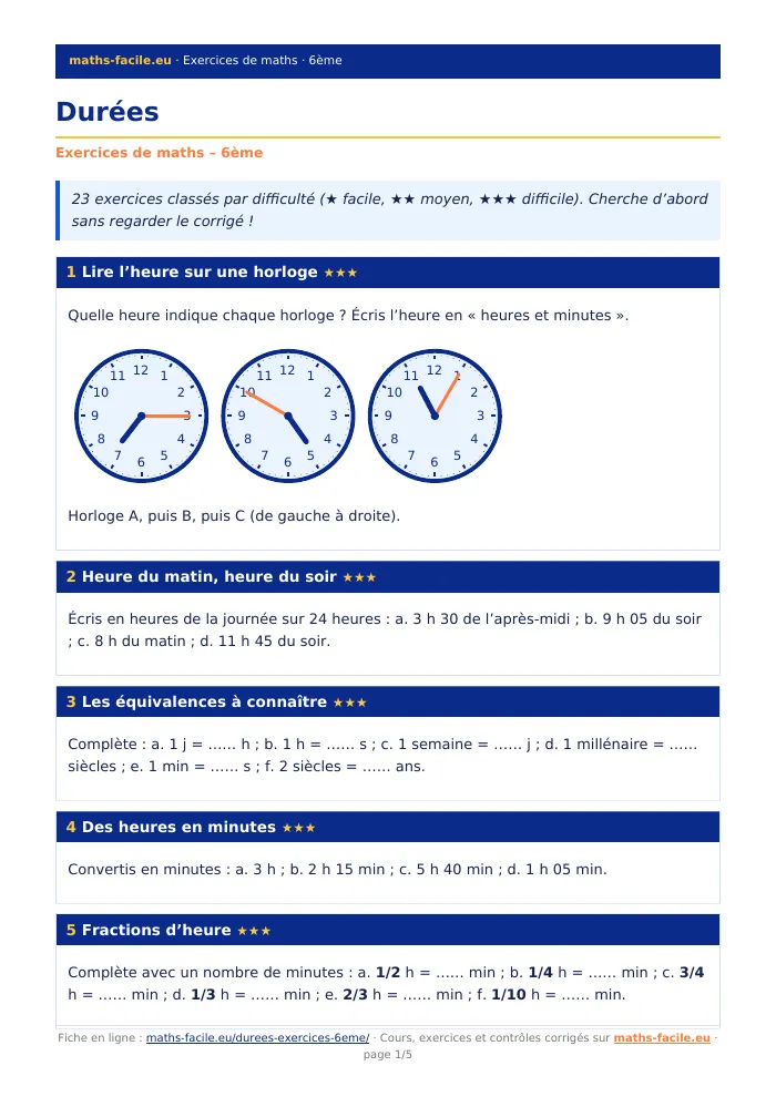 Fiche PDF : Durées (6ème)