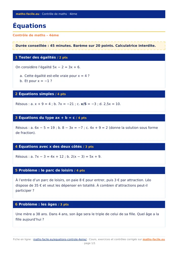Fiche PDF : Équations (4ème)
