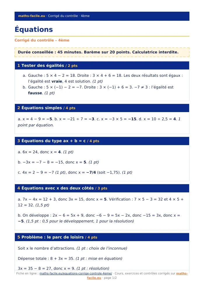 Fiche PDF : Équations (4ème)