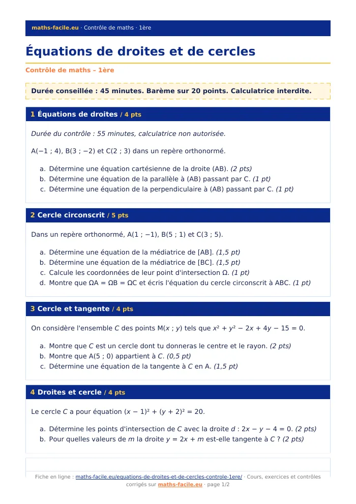 Fiche PDF : Équations de droites et de cercles (1ère)