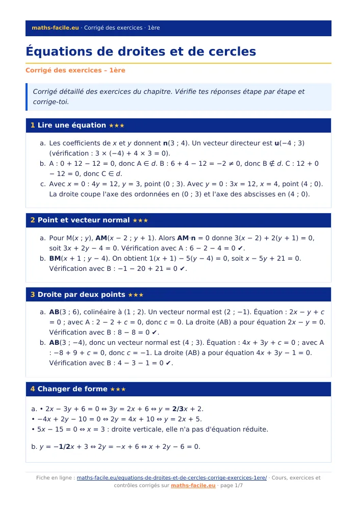 Fiche PDF : Équations de droites et de cercles (1ère)