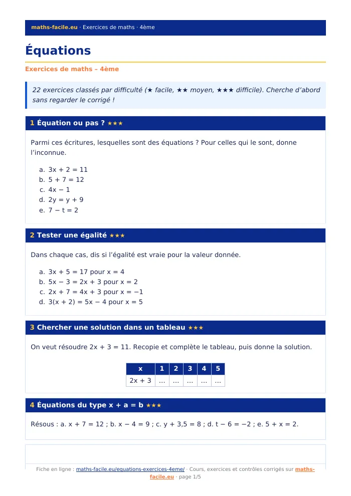 Fiche PDF : Équations (4ème)