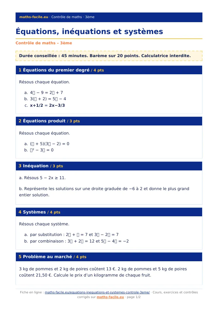 Fiche PDF : Équations, inéquations et systèmes (3ème)