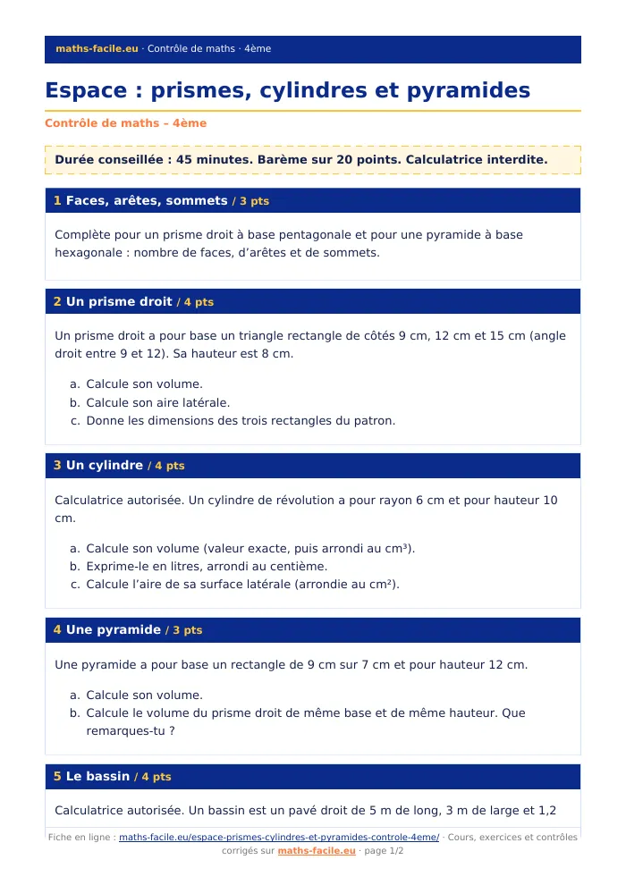 Fiche PDF : Espace : prismes, cylindres et pyramides (4ème)