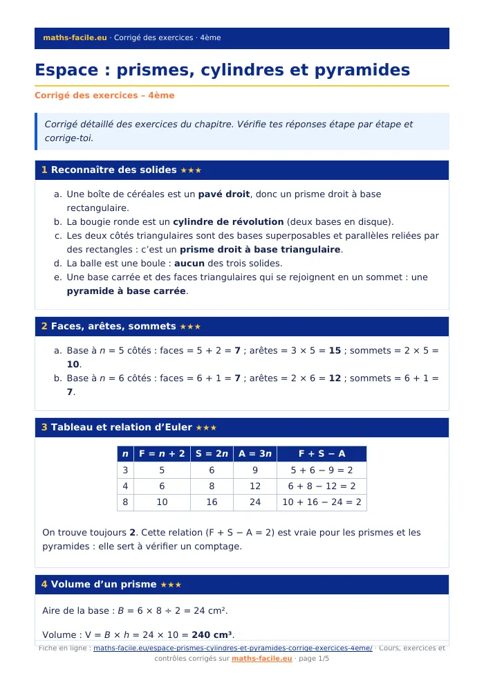 Fiche PDF : Espace : prismes, cylindres et pyramides (4ème)