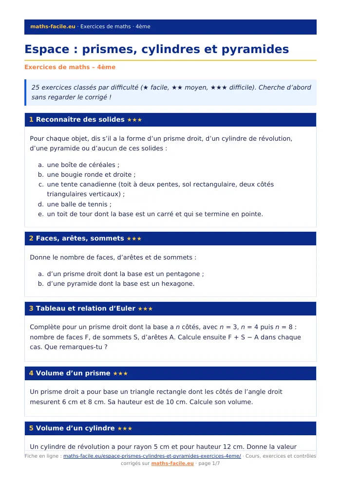 Fiche PDF : Espace : prismes, cylindres et pyramides (4ème)