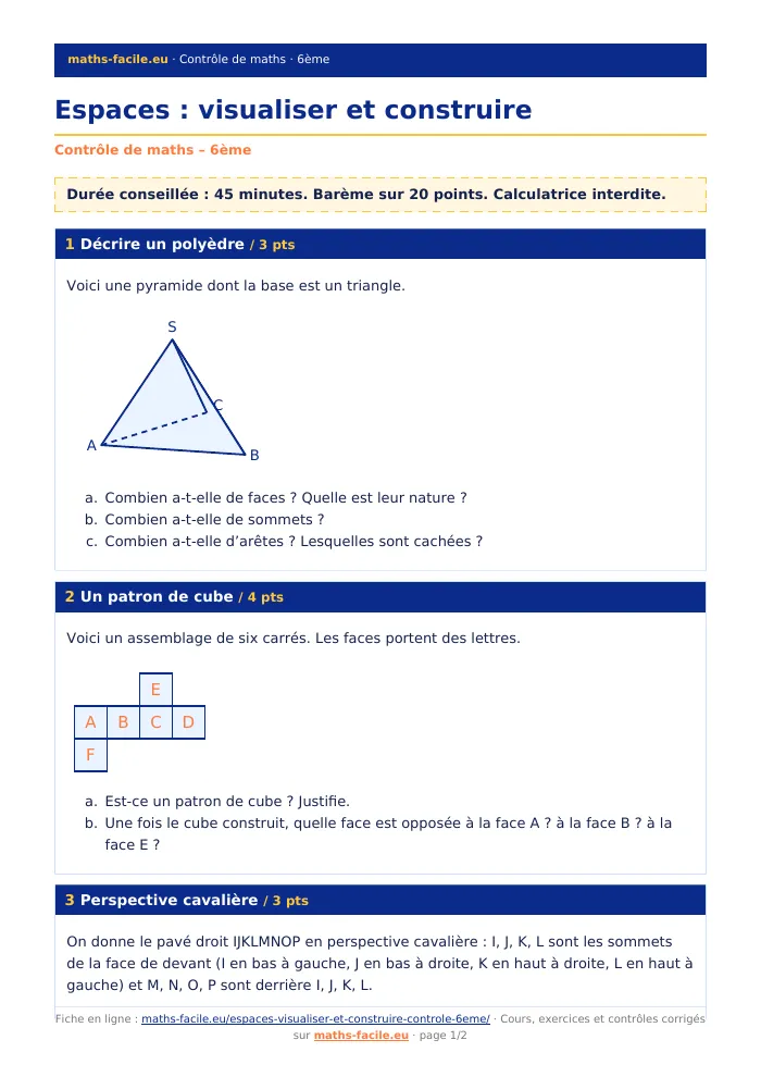 Fiche PDF : Espaces : visualiser et construire (6ème)
