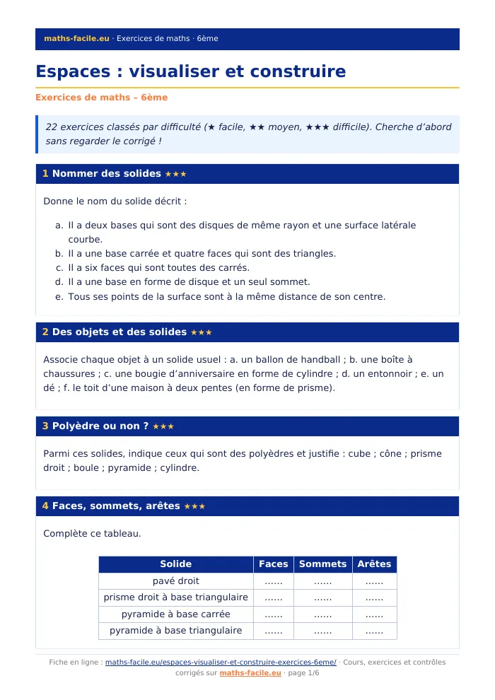 Fiche PDF : Espaces : visualiser et construire (6ème)