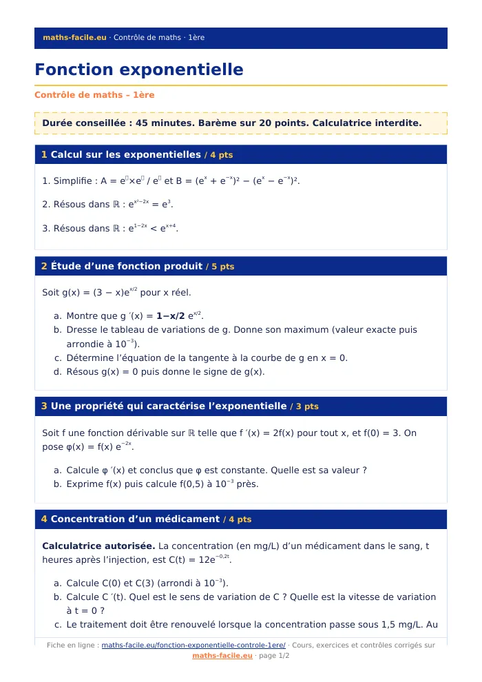 Fiche PDF : Fonction exponentielle (1ère)