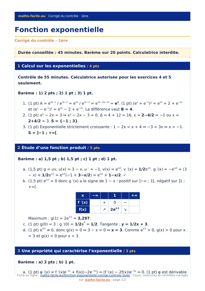 Fiche PDF : Fonction exponentielle (1ère)
