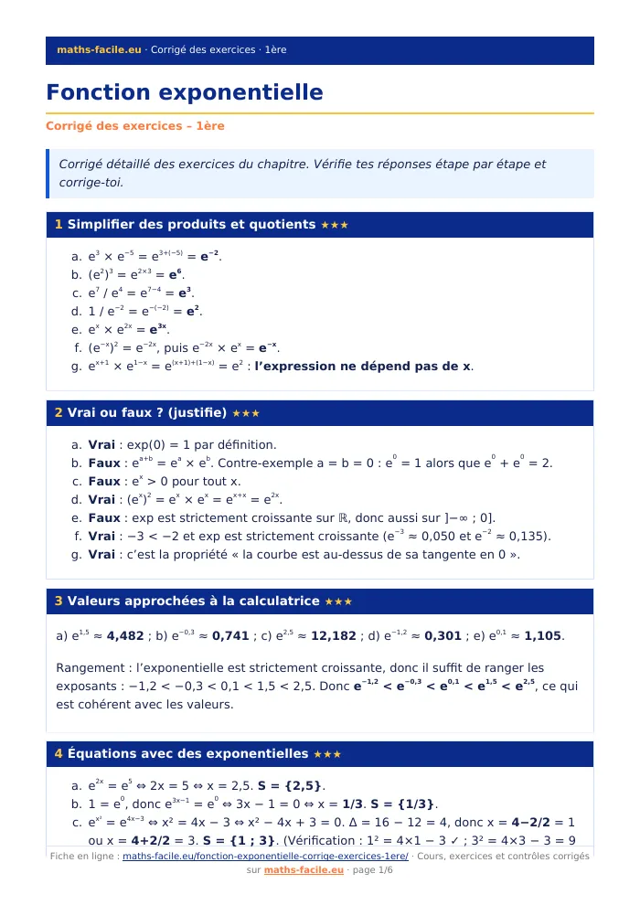 Fiche PDF : Fonction exponentielle (1ère)