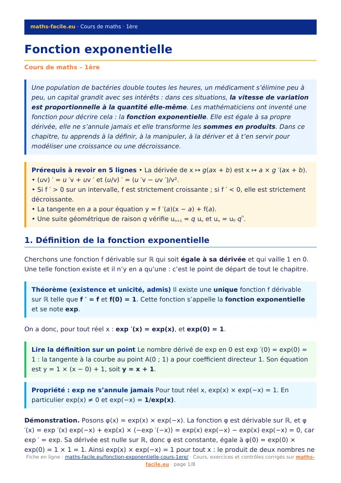 Fiche PDF : Fonction exponentielle (1ère)