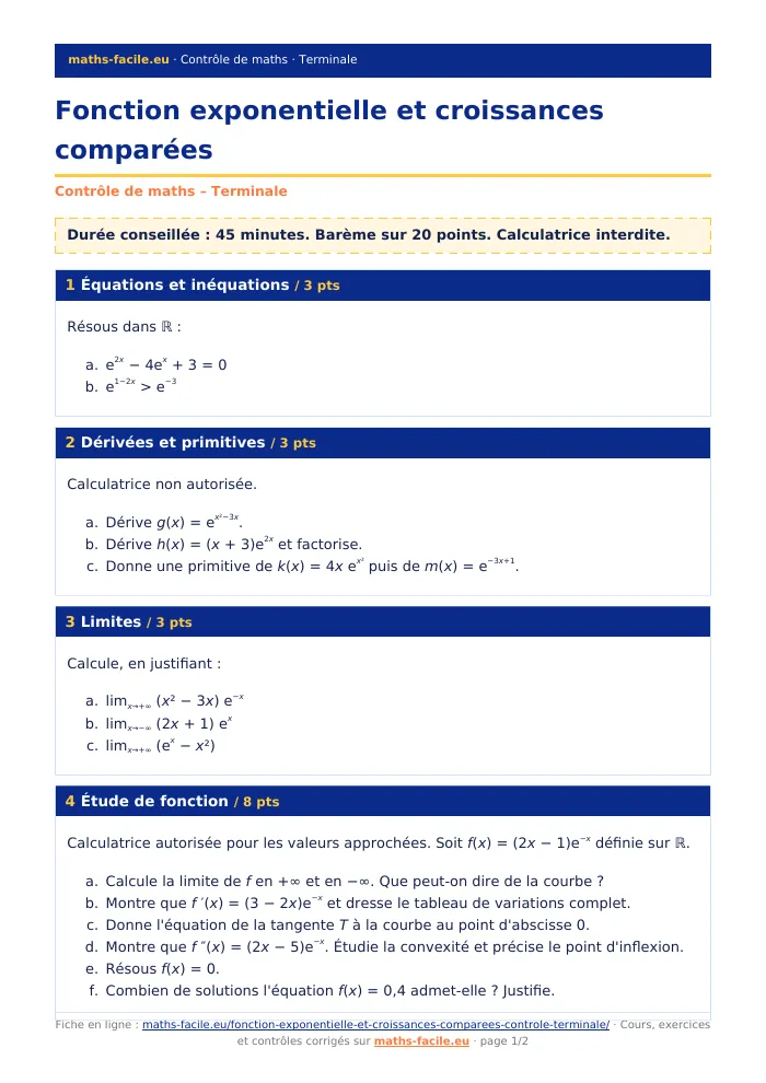 Fiche PDF : Fonction exponentielle et croissances comparées (Terminale)