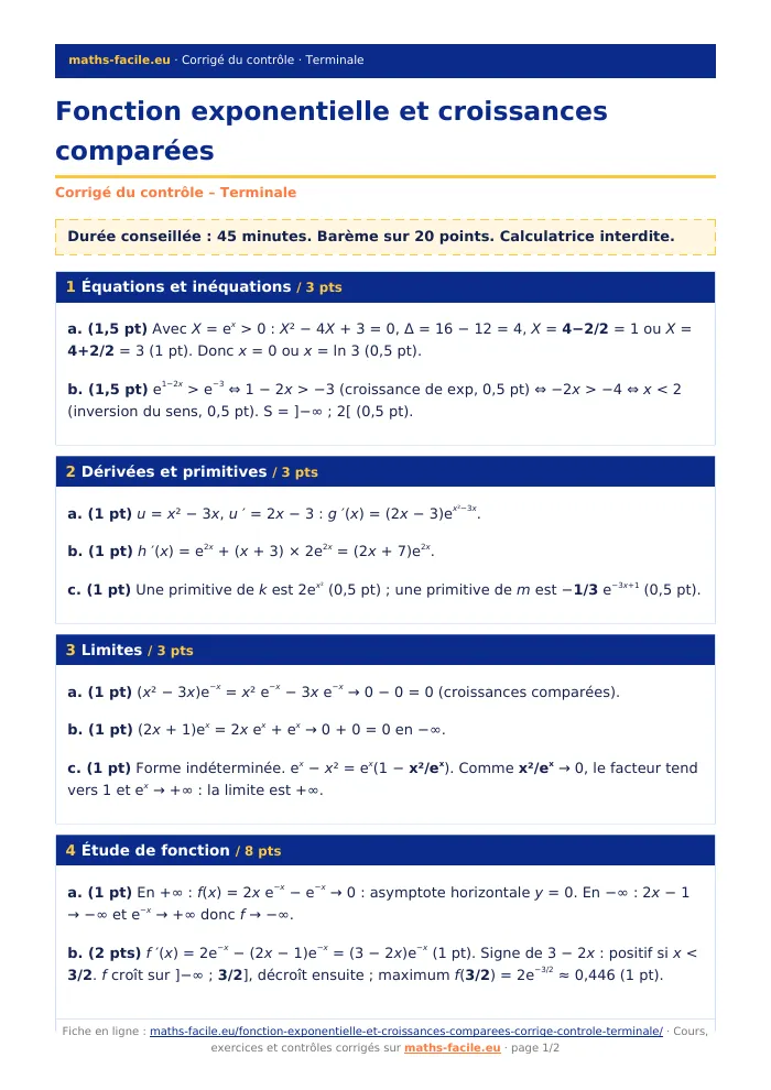 Fiche PDF : Fonction exponentielle et croissances comparées (Terminale)