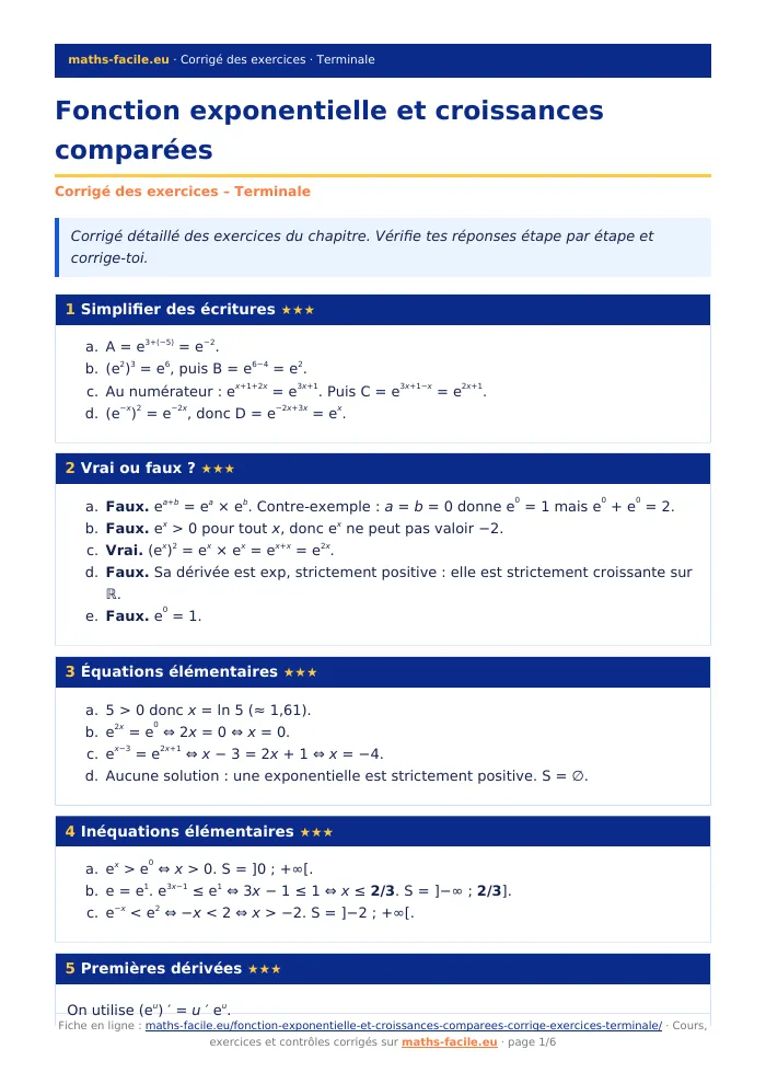 Fiche PDF : Fonction exponentielle et croissances comparées (Terminale)