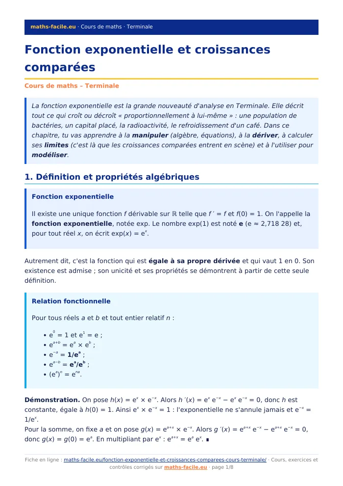 Fiche PDF : Fonction exponentielle et croissances comparées (Terminale)