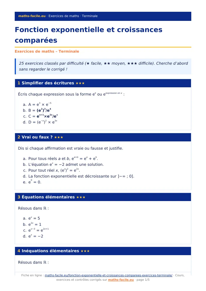 Fiche PDF : Fonction exponentielle et croissances comparées (Terminale)