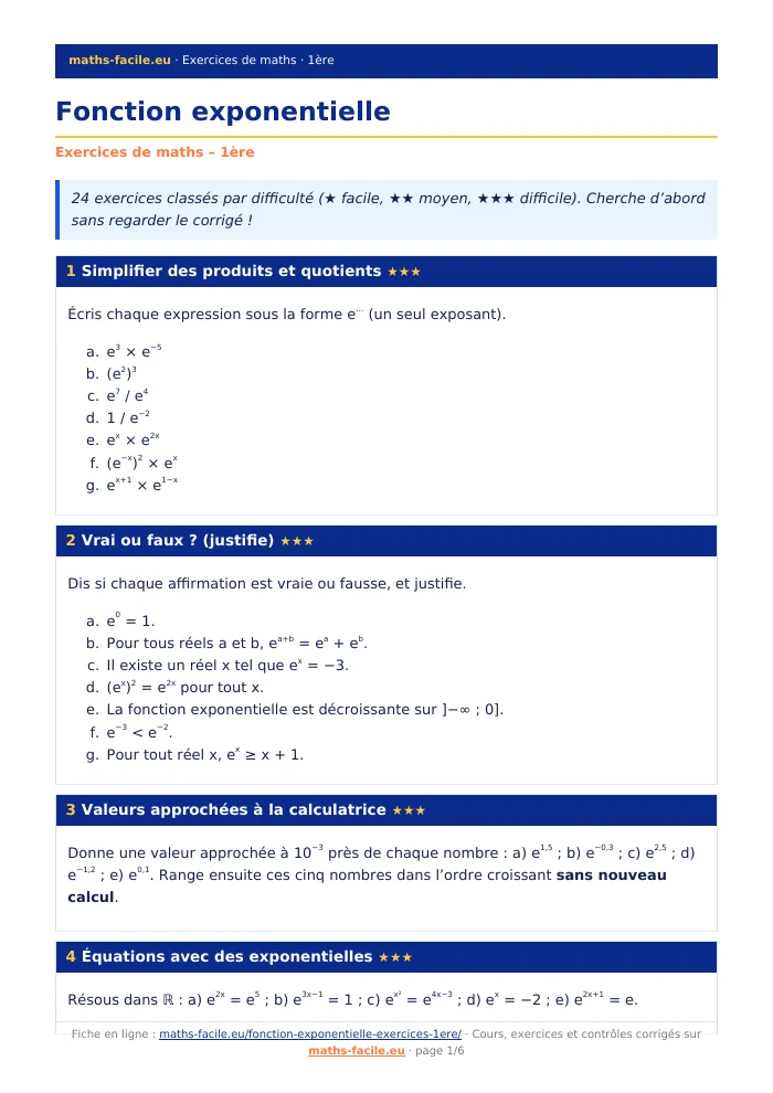 Fiche PDF : Fonction exponentielle (1ère)