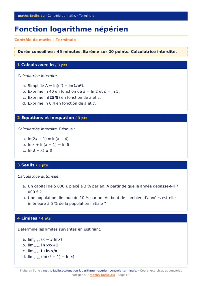 Fiche PDF : Fonction logarithme népérien (Terminale)