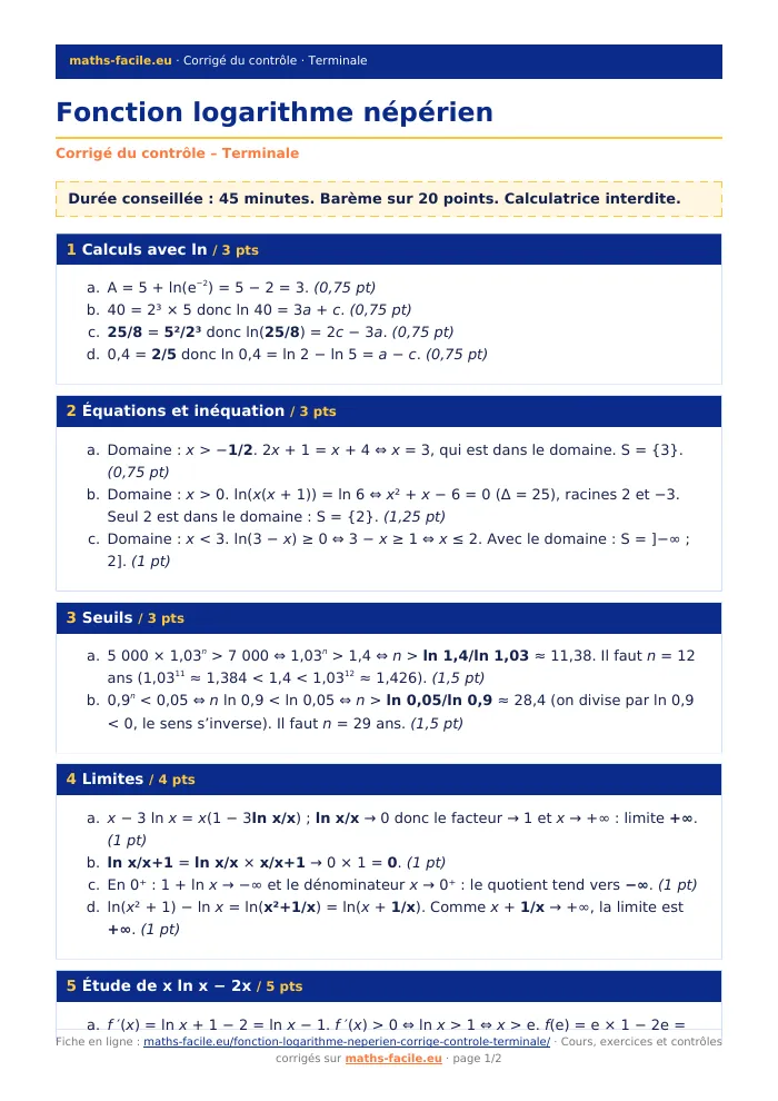 Fiche PDF : Fonction logarithme népérien (Terminale)