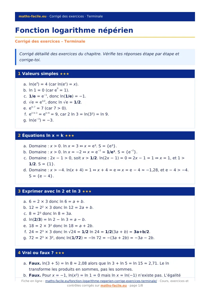 Fiche PDF : Fonction logarithme népérien (Terminale)