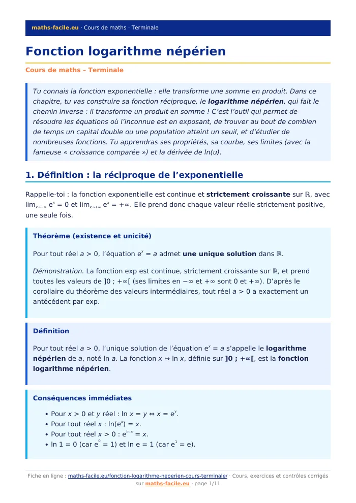 Fiche PDF : Fonction logarithme népérien (Terminale)