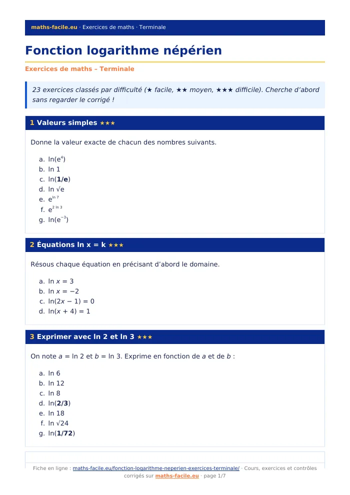 Fiche PDF : Fonction logarithme népérien (Terminale)
