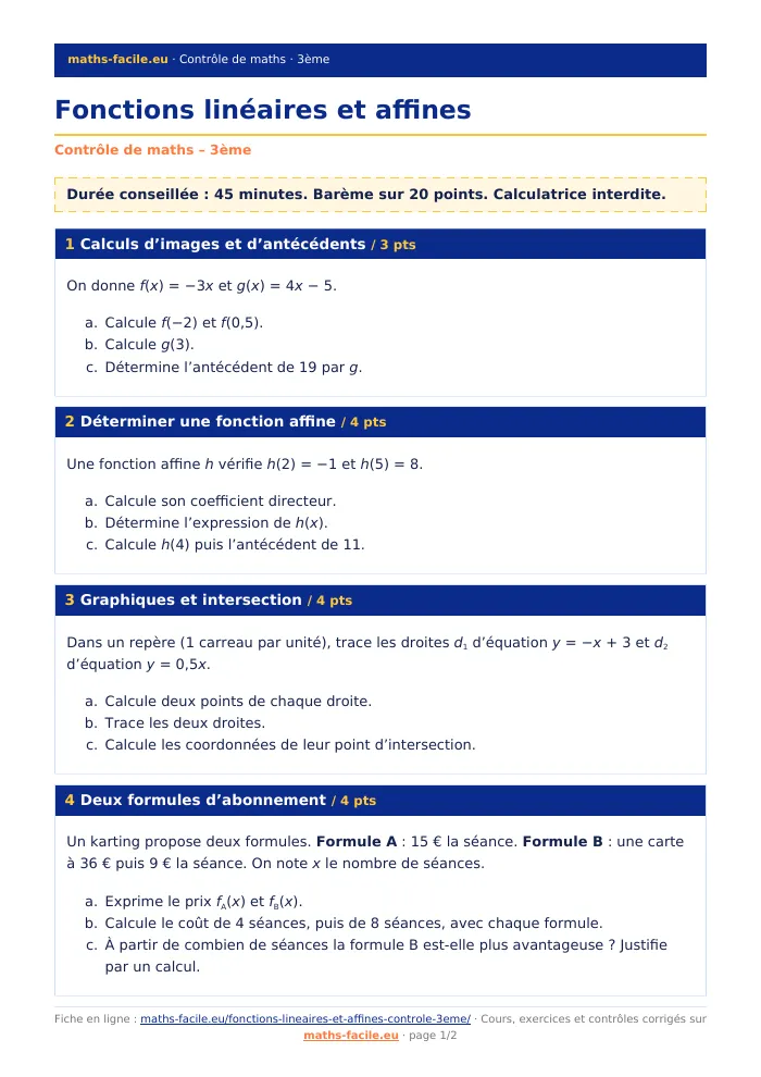 Fiche PDF : Fonctions linéaires et affines (3ème)