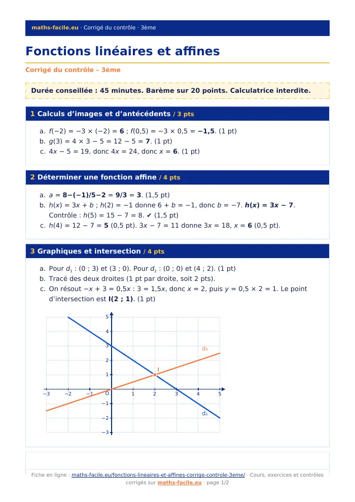 Fiche PDF : Fonctions linéaires et affines (3ème)