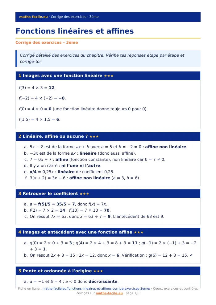 Fiche PDF : Fonctions linéaires et affines (3ème)