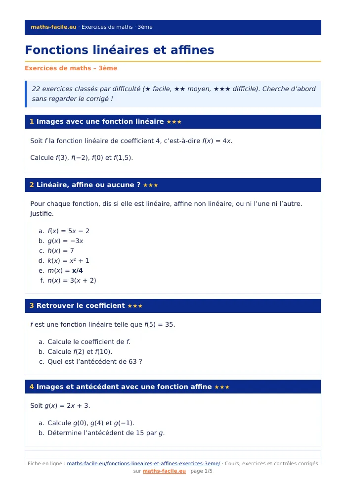 Fiche PDF : Fonctions linéaires et affines (3ème)