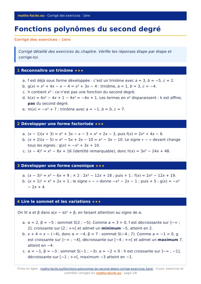 Fiche PDF : Fonctions polynômes du second degré (1ère)