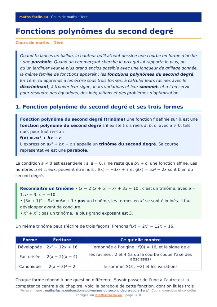 Fiche PDF : Fonctions polynômes du second degré (1ère)
