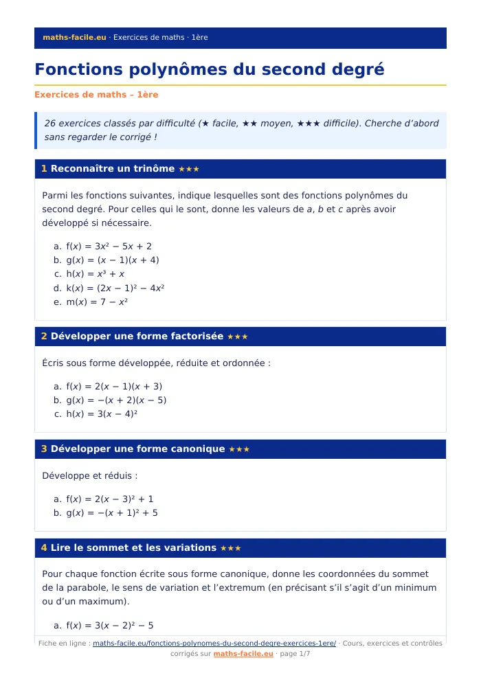 Fiche PDF : Fonctions polynômes du second degré (1ère)