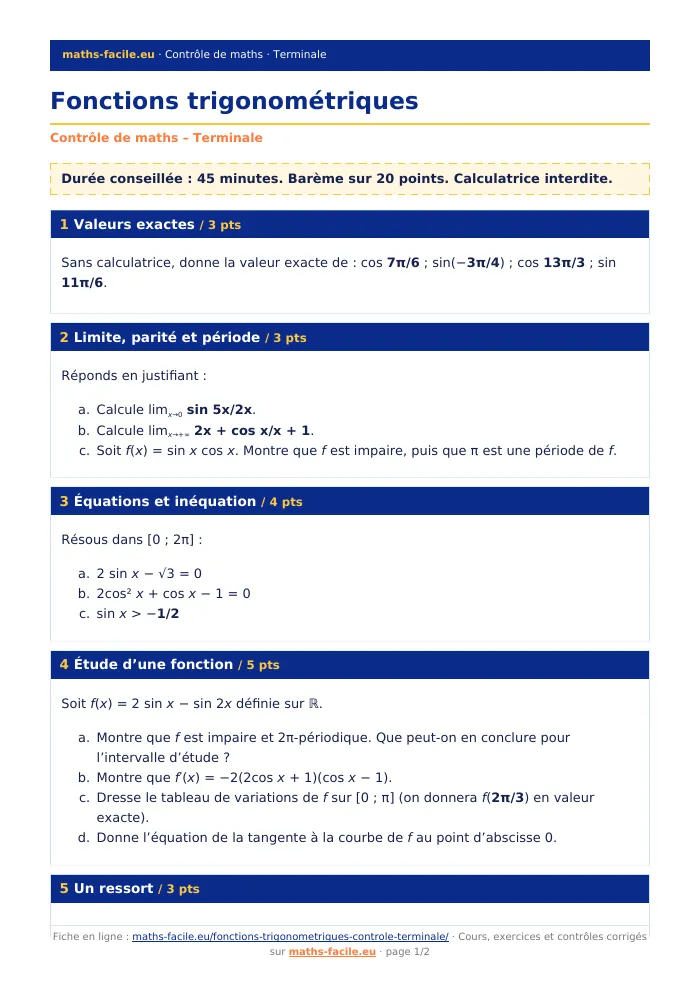 Fiche PDF : Fonctions trigonométriques (Terminale)