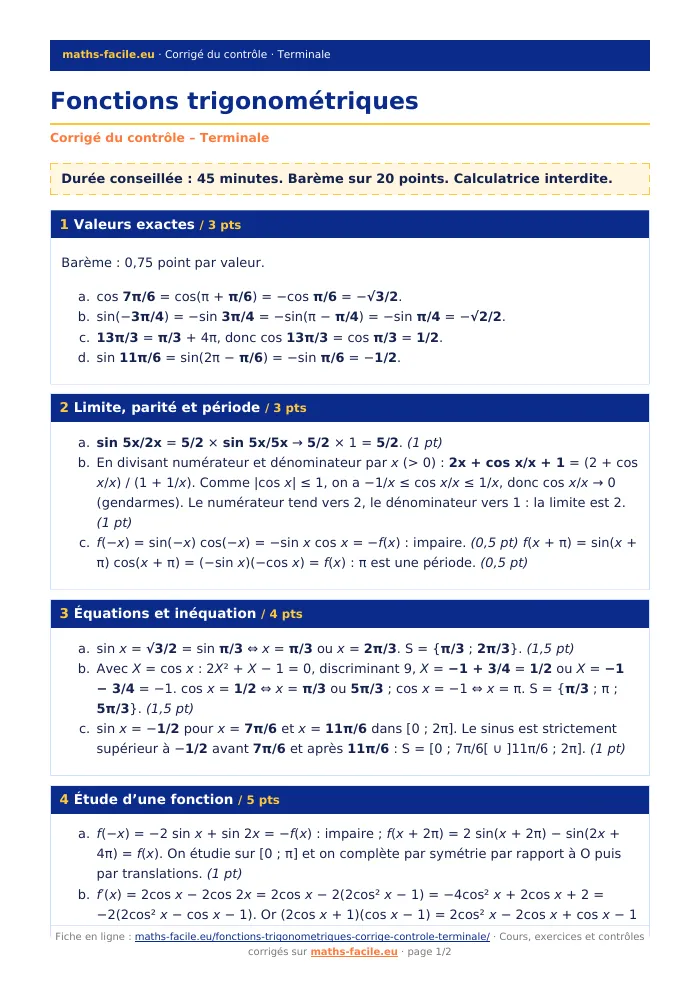 Fiche PDF : Fonctions trigonométriques (Terminale)