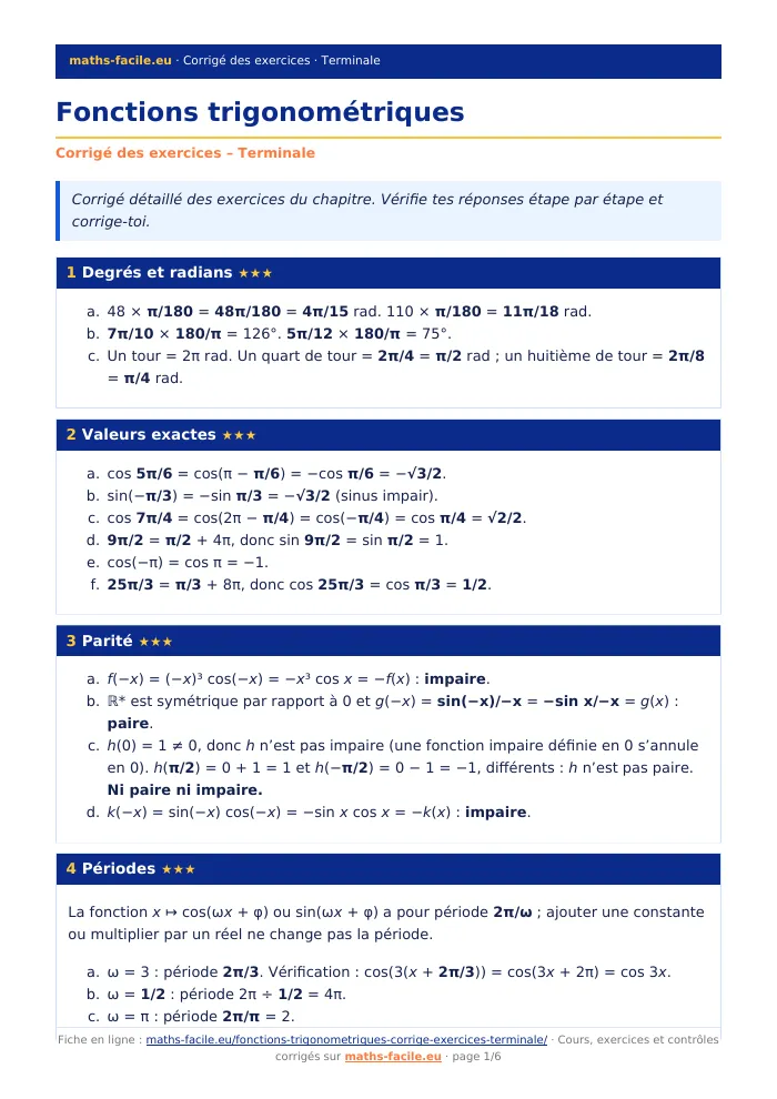 Fiche PDF : Fonctions trigonométriques (Terminale)