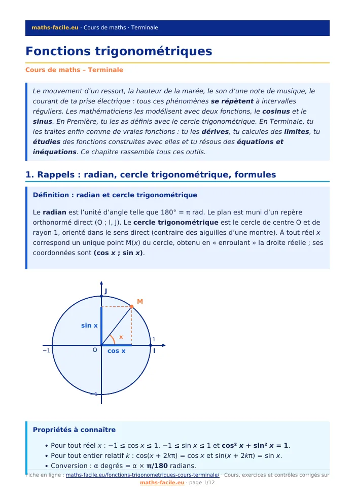 Fiche PDF : Fonctions trigonométriques (Terminale)