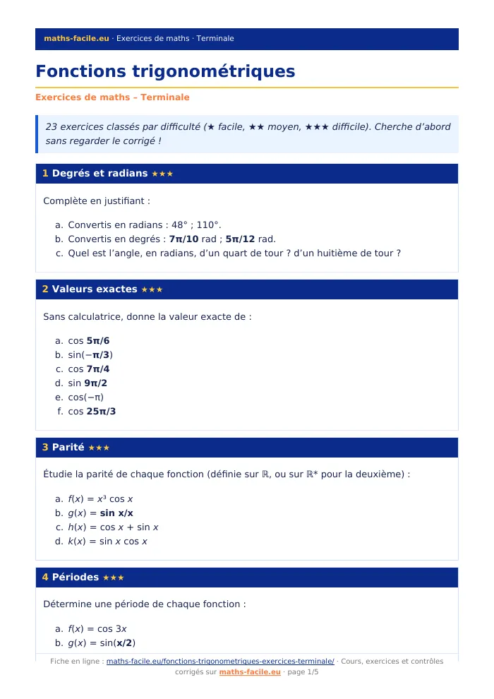 Fiche PDF : Fonctions trigonométriques (Terminale)