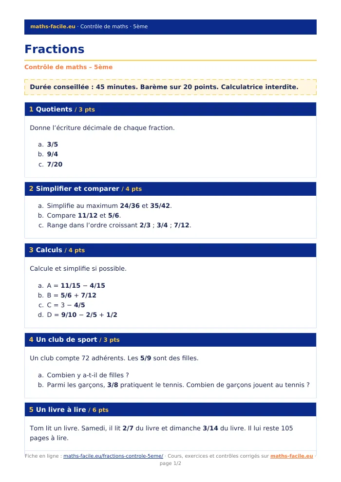 Fiche PDF : Fractions (5ème)
