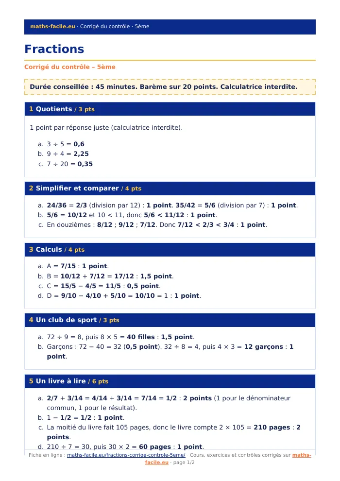 Fiche PDF : Fractions (5ème)