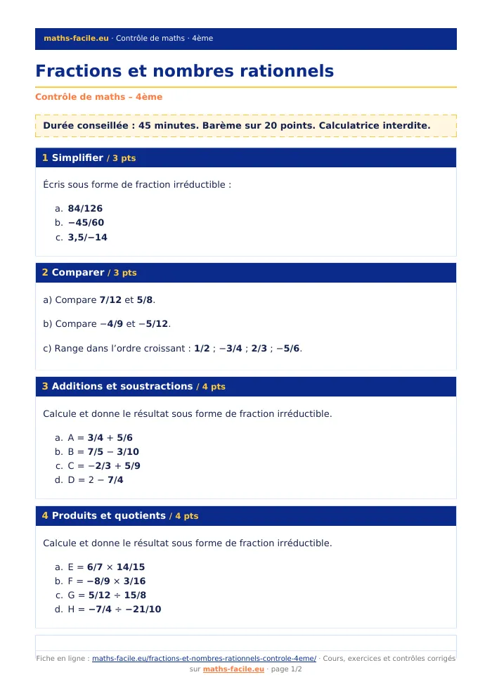 Fiche PDF : Fractions et nombres rationnels (4ème)