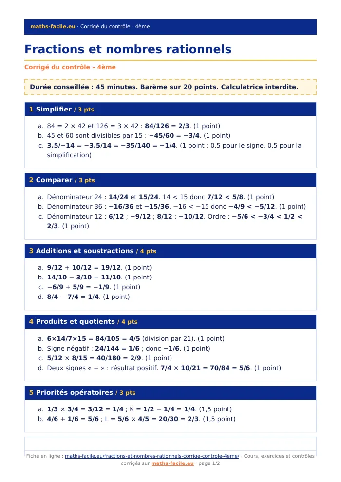 Fiche PDF : Fractions et nombres rationnels (4ème)