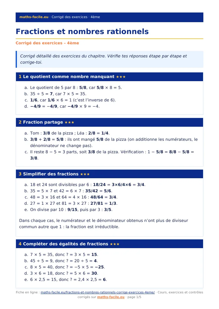 Fiche PDF : Fractions et nombres rationnels (4ème)